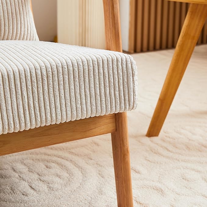 GDFStudio Aogex Accent Chair Corduroy Club Chair Upholstered Armchair Solid Wood Single Sofa Lounge with Armrest Comfort Seating with Lumbar Support for Reading Living Room Home Rest Beige+Teak