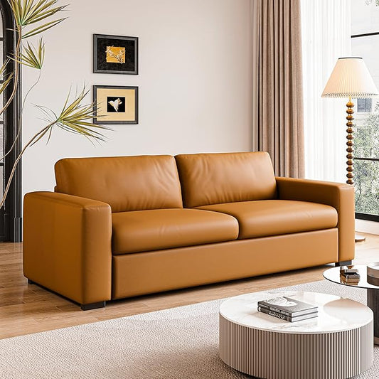 82.7 Inch Retro Orange Leather Couch Loveseat with Square Arm Mid Century Modern Comfy Compact 3-Seat Upholstered Sectional Sofa for Living Room Office and Small Space