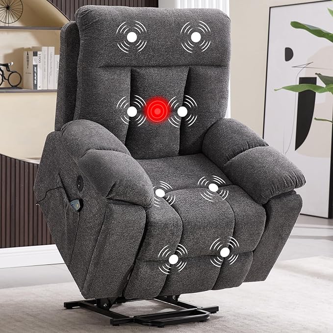 CANMOV Large Power Lift Recliner Chair with Massage and Heat for Elderly Big and Tall People Overstuffed Wide Recliners with 2 Cup Holders Side Pocket and USB Port Dark Grey