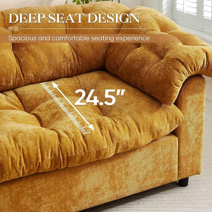 Modern Sofa Couch 94.8W Chenille Tufted Fluffy Comfy Cloud Couch with Tutfted Design &amp Armrest Pillow Upholstered Oversized Loveseat Sofa for Living Room Bedroom Office Apartment Yellow