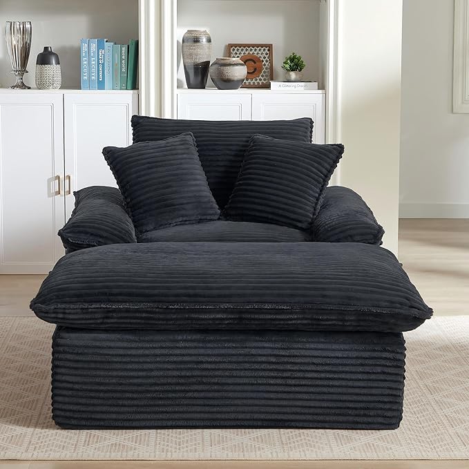 70 Inch Corduroy Chaise Lounge Indoor - Oversized Convertible Sofa with Ottoman &amp Throw PillowsNo Assembly for Living Room &amp Small SpacesDark Grey