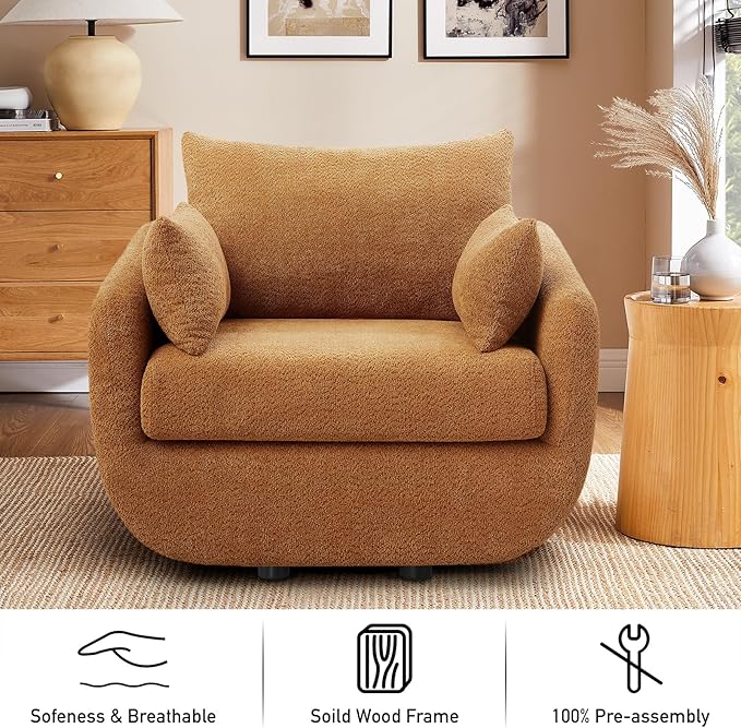 360° Swivel Accent Armchair Set of 2 39.3 Oversized Sherpa Boucle Fabric Sofa Chair with Removable Back &amp Arm Pillows Swivel Chairs with Cozy Soft Padded Curry