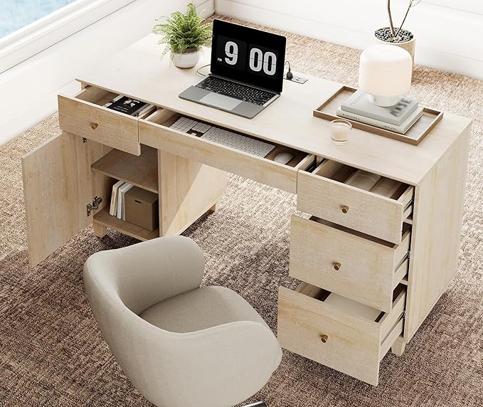 WAMPAT Desk with Drawers &amp Storage Cabinet 58 Inch Light Oak Wood Desk with Charging Station Modern Home Office Large Wooden Executive Computer Desk Vanity Desk for Bedroom