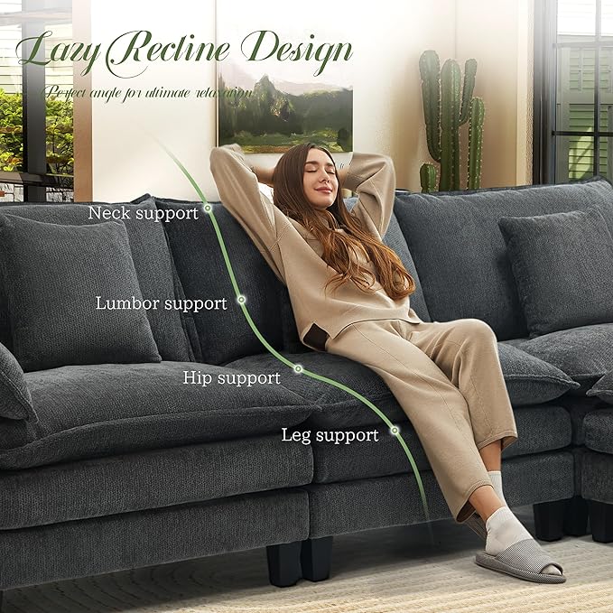 Cloud Couch 140 Modular Sectional Sofa with Movable Ottoman U Shaped Modern Sofa with Pillows Deep Seat Couches for Living Room Bedroom and Apartment Comfy Couch Grey