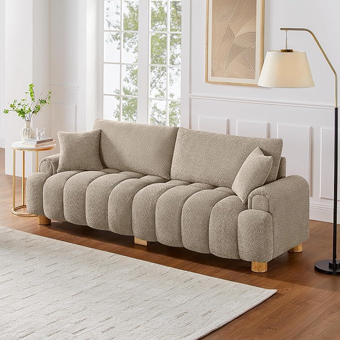 VANOMi Boucle Sofa Couch 91 Comfy Tufted Upholstered Cloud Couches Modern 3 Seater Sofa with Pillows Oversized Deep Seat Sherpa Couch for Living Room Bedroom Apartment (Camel Color)