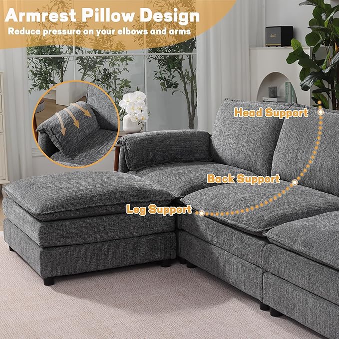 108 Cloud Sectional Couches for Living Room Convertible L Shaped Modular Sectional Sofa with Movable Ottoman 3-Seat Chenille Cloud Couch with Deep Seat for Bedroom Apartment Dark Gray