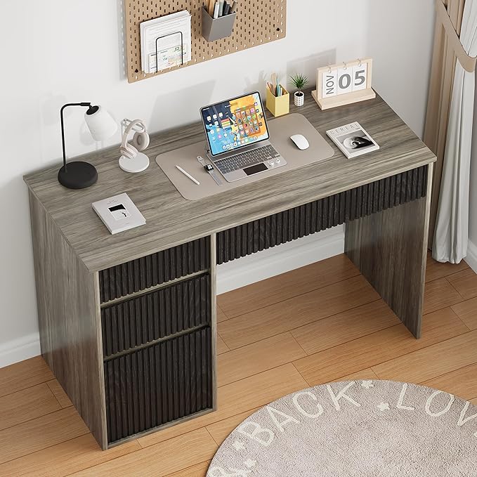 4 EVER WINNER Computer Desk with Drawers 48 Inch Small Desk with Drawers and Storage Cabinet Wood Desk with Hidden Handle for Living Room Bedroom Home Office Desk for Small Spaces Grey
