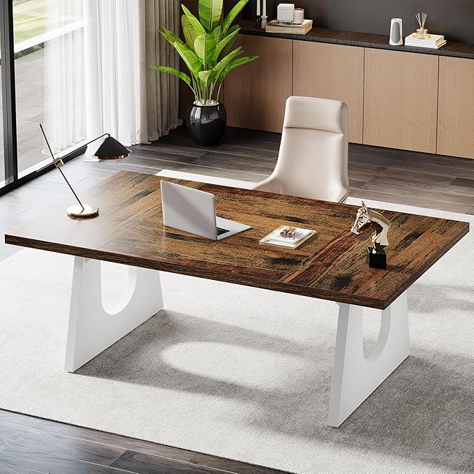 Tribesigns 70.86-Inch Executive Desk Large Computer Office Desk with Double Wood Pedestal Modern Simple Style Rectangle Writing Table for Home Office (Brown &amp White)