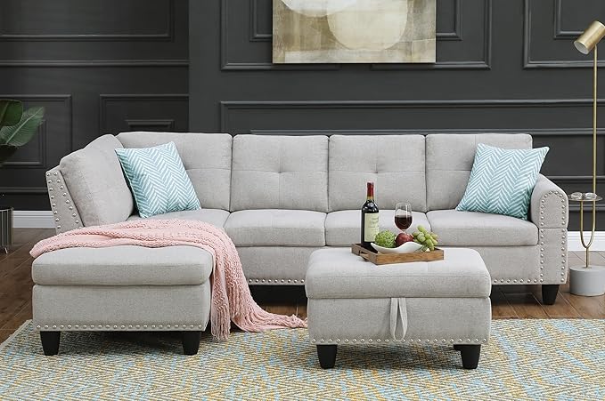 98 L Shaped Sectional Sofa with Left Facing ChaiseLinen Upholstered Corner Couch with Removable Storage Ottoman and Hidden Cup Holders for Living RoomLight Gray