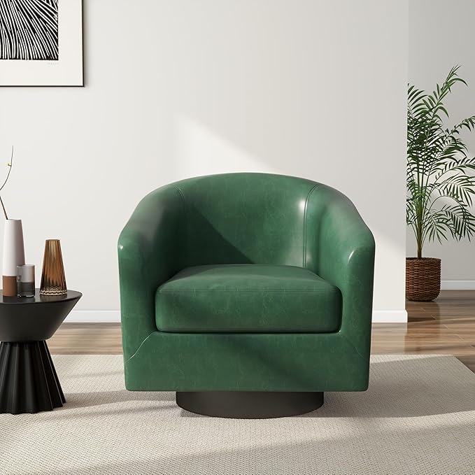 Swivel Barrel Accent Chair Modern Round Faux Leather Arm Chair for Living Room Bedroom Comfy Club Reading Chairs for Adults(Faux Leather Green Set of 2)