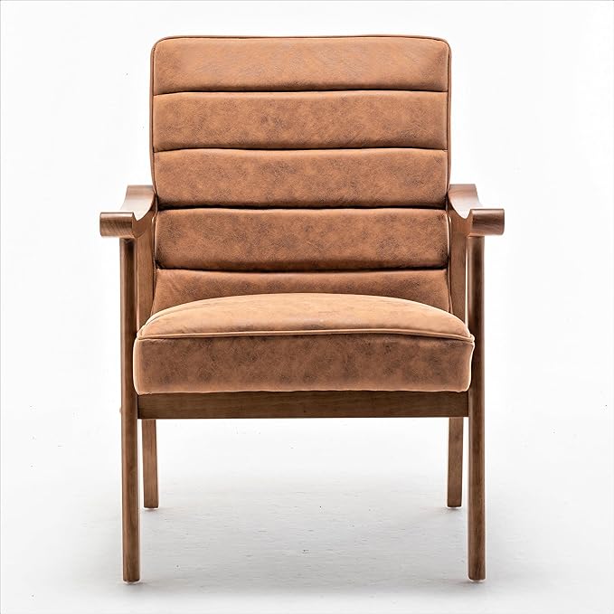 Unique Mid Century Modern Accent Chair with Open-Framed Armchair Design Plush Foam Cushioning and Leather-Look Microfiber Seat and Back Cushions Brown