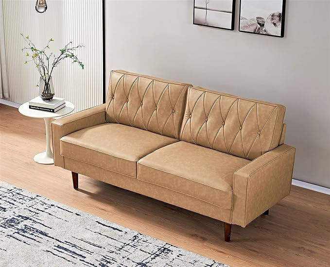 Container Furniture Modern Style Faux Leather Sofa with Elegant Round Tapered Legs and Button Tufted Backrest Perfect for Living Room Bedroom or Home Office 69.3’’ Wide Camel