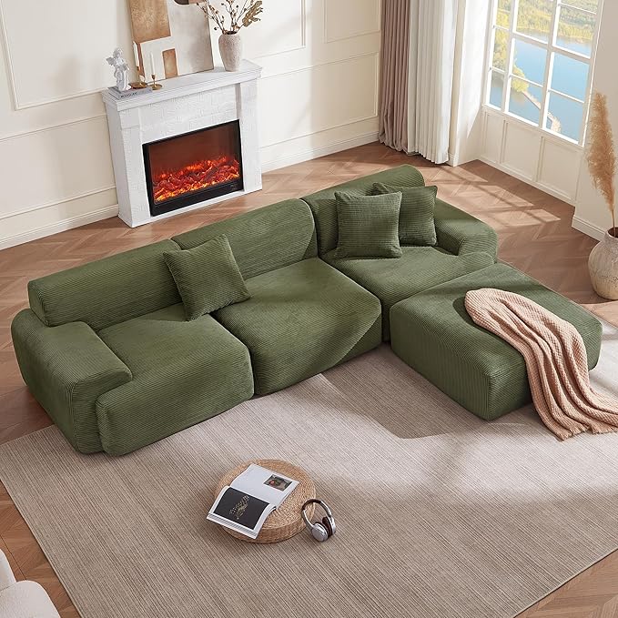 CHITA Modular L-Shaped Sectional Sofa Deep Seat Modern Comfy Couches for Living Room Oversized Boneless Sofas with Large Ottoman Corduroy Upholstery Green No Assembly Required