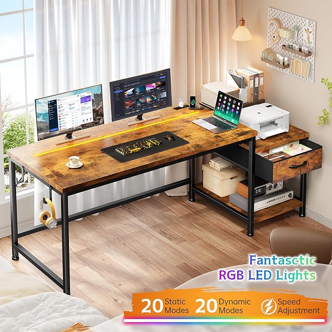56 Inch Computer DeskReversible Office Desk with LED Lights &amp Power OutletsWriting Desk with Wide Tabletop for StudyWritingDesk with Drawers &amp Printer Shelf for StorageCraftRustic Brown