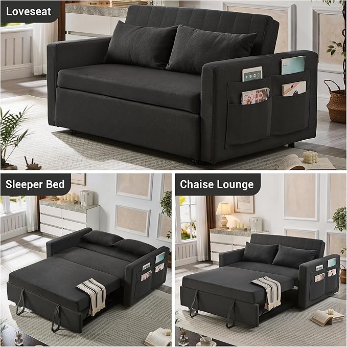 55.5 Fabric Convertible Sofa Bed Pull Out Sleeper Sofa Bed Loveseat Couch with Side Pocket 3 in 1 Convertible Sleeper Sofa Bed for Living Room Apartment Bedroom RV Black