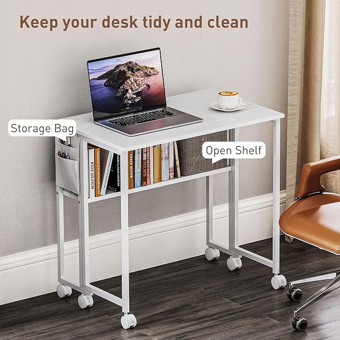 HOMCOM Small Folding Desk Rolling Computer Desk Foldable with Storage Bag and Shelf 31.5 Portable Writing Table on Wheels for Small Spaces Home Office Study Easy Assembly White