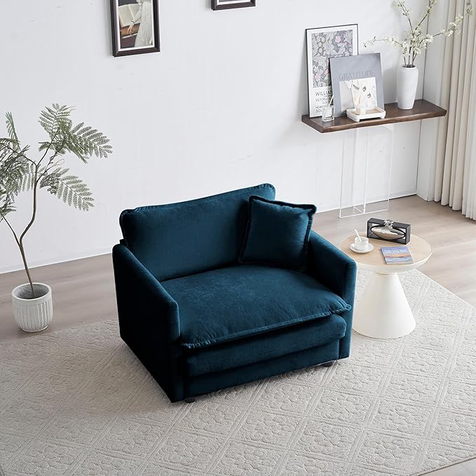 kevinplus Accent Single Sofa Chair Armchair for Living Room Modern Luxury Comfy Upholstered Accent Chair with Pillow for Living Room Bedroom Apartment Chenille Fabric Blue