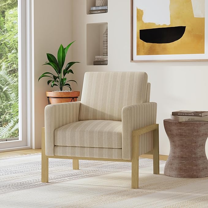 HomePop Exposed Wood Frame Accent Chair | Homepop Home Decor | Accent Chairs for Living Room &amp Bedroom - Tan Stripe