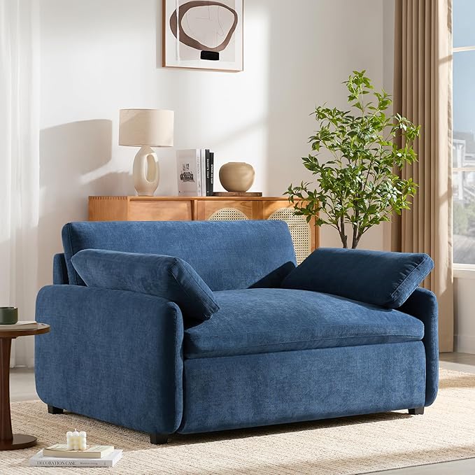 50 * 43 Oversized Single Sofa Chair Modern Chenille Upholstered Armchair Wide and Deep Seat Accent Chair with Two Throw Pillows Color Blocking Couch Lounge for Living Room (Blue/5)