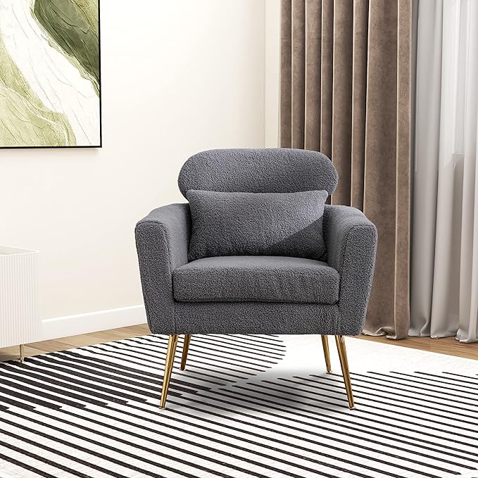 29.5 W Modern Boucle Accent Chair Armchair Upholstered Reading Chair Single Sofa Leisure Club Chair with Gold Metal Leg and Throw Pillow for Living Room Bedroom Dorm Room Office Gray Boucle