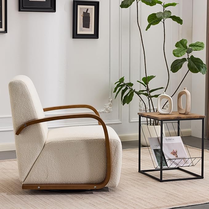Modern Comfortable Reading Chair360°Swivel Accent Chair with Solid Wood Curved ArmsElegant Knit Linen Single Sofa for Living RoomBedroomOfficeReading NookBeige Set of 2