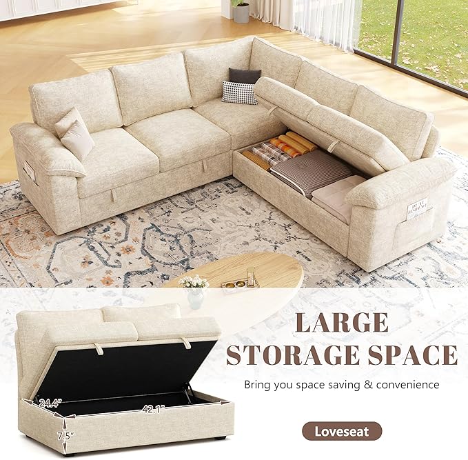 85 Inch Modular Sectional Sofa with Pull Out Bed L Shaped 5 Seat Sectional Sleeper Sofa with Storage Sectional Couches for Living Room Cloud Modular Couch Removable Sofa Cover Beige