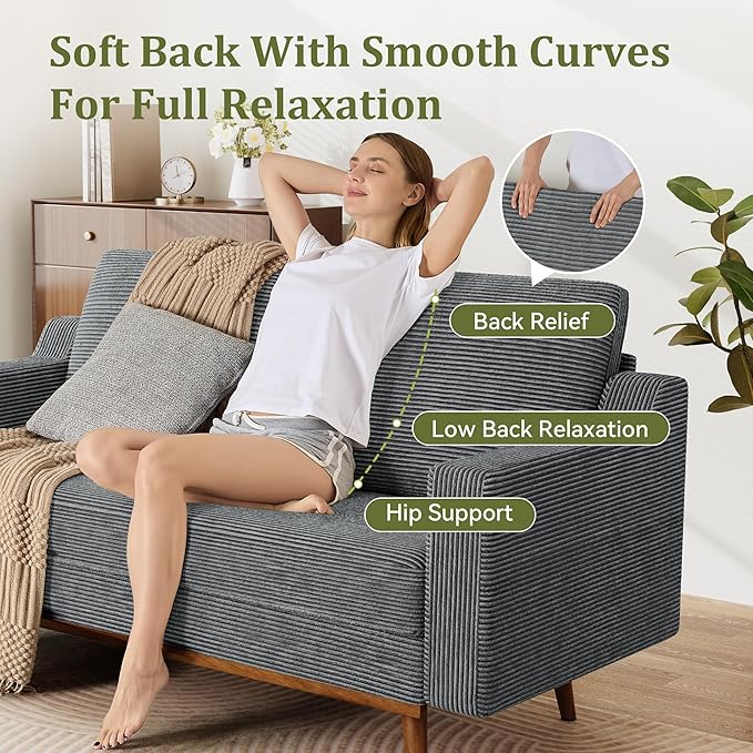 65.4 Loveseat SofaComfy Grey Corduroy Love Seat Couches for Living RoomMid Century Modern Small Couch for Bedroom Office with Spring CushionSolid Wood FrameTool-Free Assembly