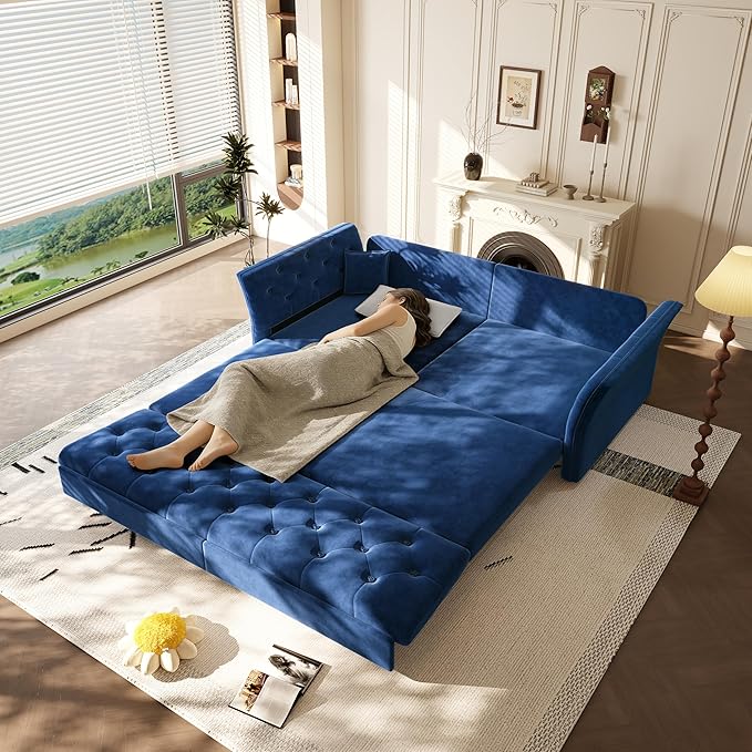 KEIKI 74.7 Queen Pull Out Sofa Bed Velvet Convertible Sleeper Sofa Button Tufted Chesterfield Sofa Pull-Out Couch Bed for Living Room Bedroom Apartment Blue