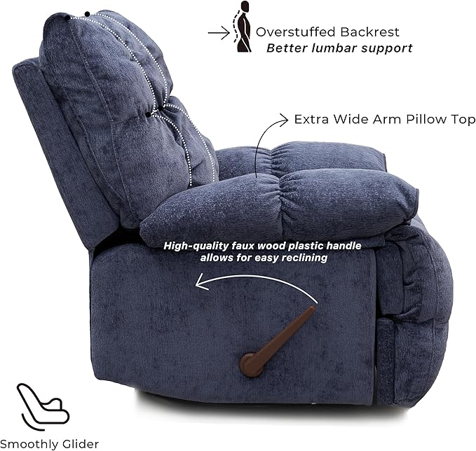 SITJOY Oversized Power Swivel Rocker Recliner Chair Overstuffed Extra Wide Rocking Chair for Big and Tall Glider Recliner Nursery Chair Soft Breathable Fabric in Dark Blue Manual