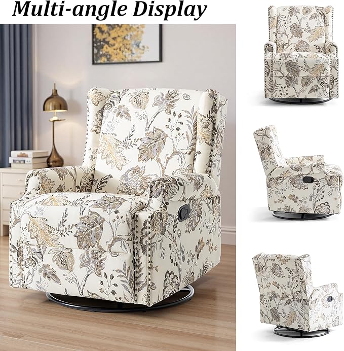 Swivel Rocker Recliner Chair Manual Nursery Glider Recliner Floral Fabric Wingback Accent Chair with Adjustable Backrest &amp Footrest for Small Spaces Living Room Bedroom (Plants Beige Set of 1)