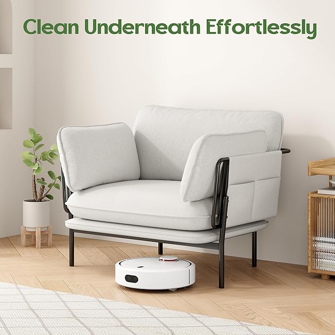 Modern Accent Chair for Living Room Oversized Reading Chair with Solid Metal Legs Upholstered Fabric Armchair with Side Pockets and 2 Pillows Comfy Accent Chairs for Bedroom Nursery White