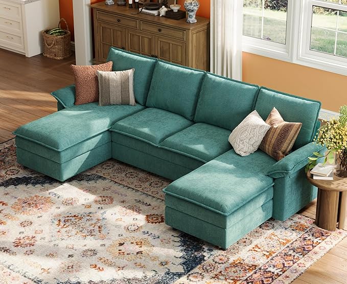LINSY HOME U Shaped Couch Sectional Sofa 115 Modular Couches with Double Chaise Lounge Chenille 4 Seater Sofa Set for Living Room Apartment Office Green