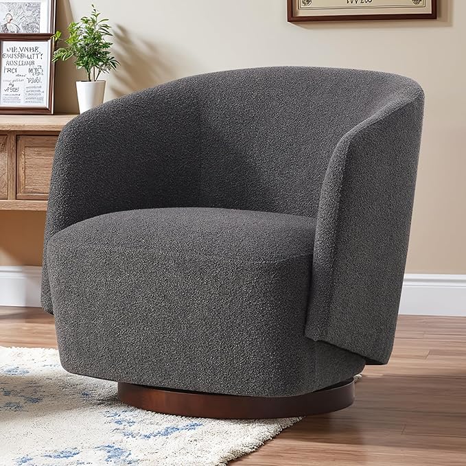 Boucle Swivel Accent Chair No Assembly Upholstered Armchair with Rubberwood Base 360° Rotating Barrel Chair for Living Room Bedroom Apartment &amp Reading Nook (1 Grey)