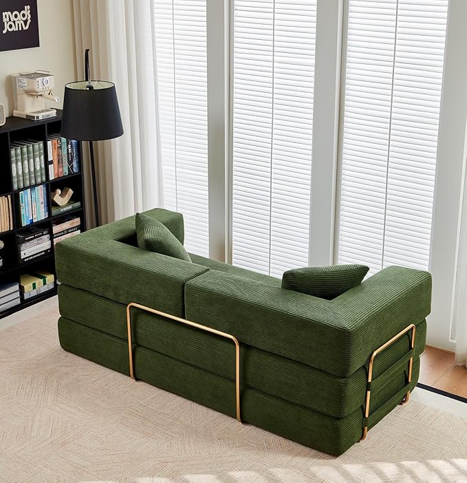 79 Boneless Sofa Bed 5-in-1 No-Assembly Convertible Sleeper Couch with Fixed Frame Armrests Modular Corduroy Futon Compressed in a Box for Space Saving (Green Includes 2 Pillows)