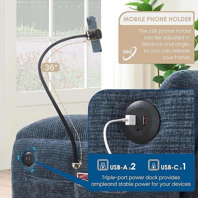108 Modular Sectional Sofa L-Shape Upholstered Couch with Free Movement Ottoman Phone Holder and 2 Side Storage Pockets 31.5 Extra-Wide Seat Cushion Striped Chenille (Blue Gray/511)