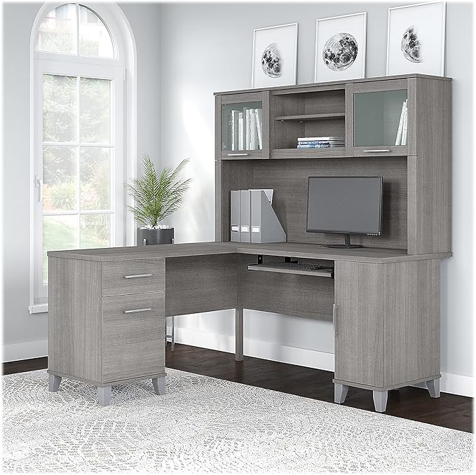 Bush Home Somerset 60W L Shaped Desk with Hutch in Platinum Gray