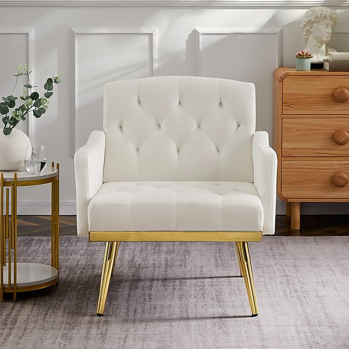 kevinplus Velvet Accent Chair Living Room Chair Leisure Single Sofa Chair Comfy Vanity Chair for Bedroom Modern and Mid-Century Armchair Sitting Chair for Reading Relaxing Gold Metal Leg White