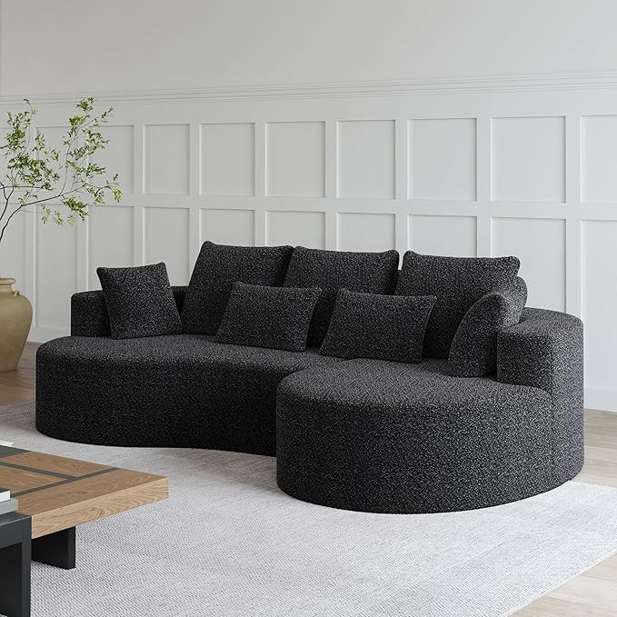 KEIKI 105 L Shaped Corner Couch Upholstered Curved Cloud with 7 Pillows Chenille Sectional Couch for Living Room Bedroom Black