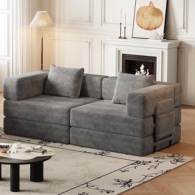 KEIKI 72.4'' Convertible Sofa Bed 2 Seat Corduroy Fabric Sofa with Two Side Storage Pockets and Two Cushions Comfortable Folding Sleeper Carpeted Couch for Living Room Bedroom and Study Grey