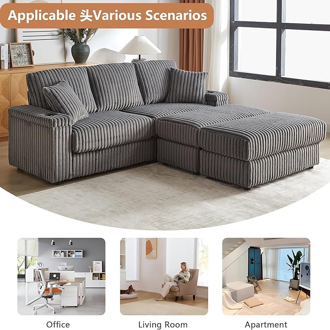 Aoowow 84 Corduroy Oversized 3-Seater Sofa with 2 Ottomans Modular Sectional Deep Seat Sofa with Back and Toss Pillows Modern Comfy Sofa with 2 Storage Spaces and Cup Grooves for Living Room Grey