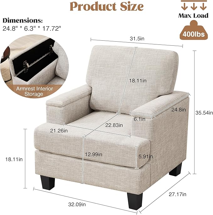 Beige Accent Chair with Armrest Storage Modern Upholstered Reading Living Room Chairs Comfy Large Armchair Fabric Single Sofa Chair for Bedroom