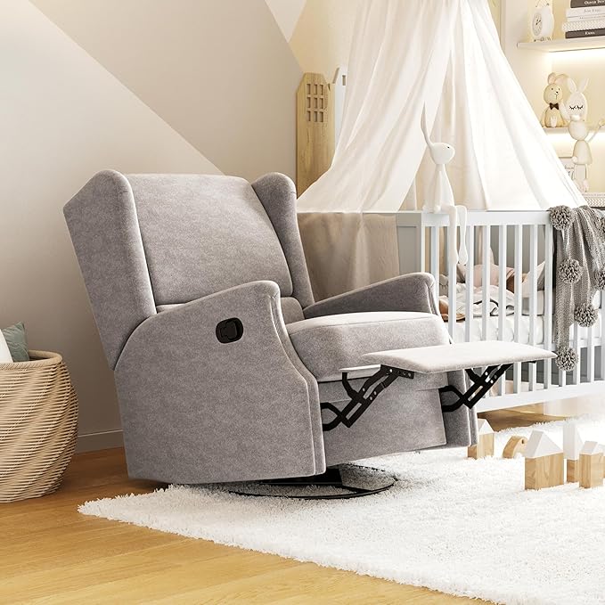Flash Furniture Omma Swivel Glider Rocking Recliner Manual Wingback Recliner with 360 Degree Swivel for Living Room Bedroom or Nursery Upholstered Light Gray