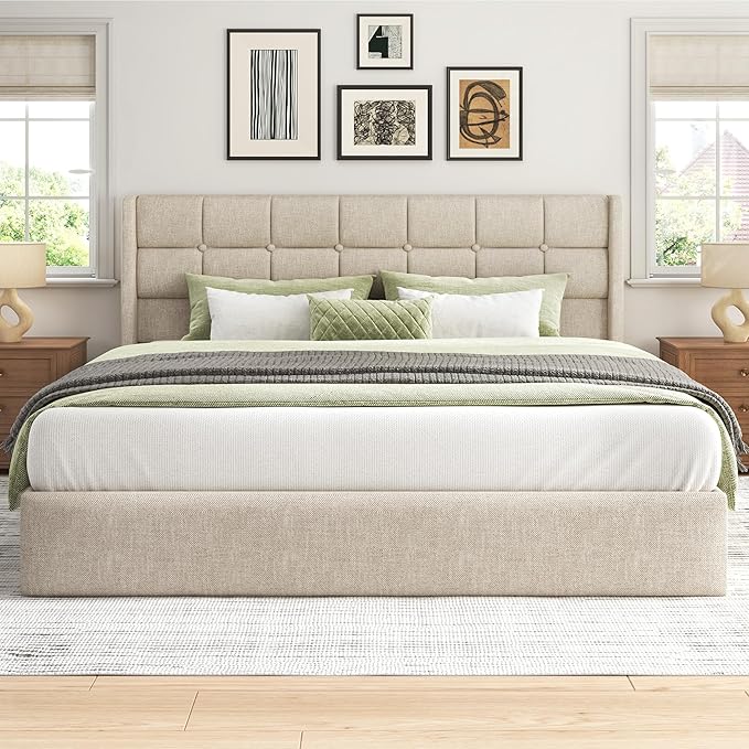 Lifezone King Size Lift Up Storage Bed Frame Linen Upholstered King Platform with Button Tufted Wingback Headboard and Under-Bed Storage Hydraulic Support No Box Spring Needed Noise Free Beige