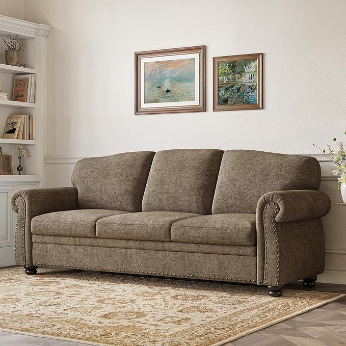 ONBRILL 90 Inch Rolled Arm Sofa for Living Room Deep Seat Nailhead Trim Couch Comfy 3 Seater Chenille Couch w/Wooden Leg Springs Seat Cushion Large Traditional Sofa for Farmhouse Brown