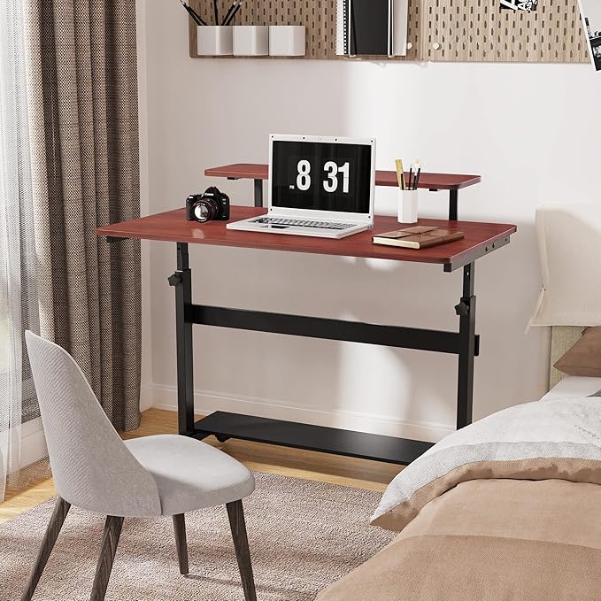 It's_Organized Height Adjustable Portable Computer Desk41''Rolling Laptop Desk Mobile Standing Desk with Monitor Shelf &amp HutchTeak
