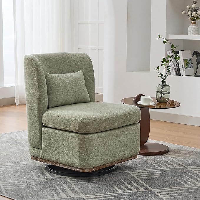 Modern Swivel Accent Chair 25.2 Wide Chenille Upholstered Armless Sofa Chair with Pillow 360° Swivel Reading Chair with Metal Base for Living Room Family Room Bedroom Lounge Area Office Pale Green