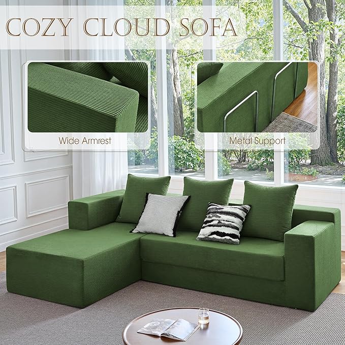 YINIX 106 Modular Sectional Sofa Modern Cloud Couch with L-Shape Chaise Upholstered Boneless Couches with Deep Seat Comfy Corduroy Sofa for Living Room Bedroom No Assembly (Green)