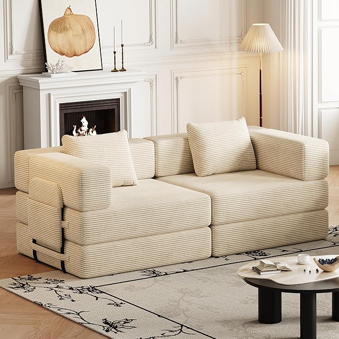 KEIKI 72.4'' Convertible Sofa Bed 2 Seat Corduroy Fabric Sofa with Two Side Storage Pockets and Two Cushions Comfortable Folding Sleeper Carpeted Couch for Living Room Bedroom and Study Beige