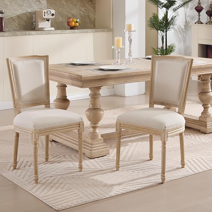 KEIKI Set of 2 Accent Chairs French Country Style Upholstered Chairs with T-Shaped Back &amp Carving Details Solid Wood Framework for Living Room Kitchen Natural