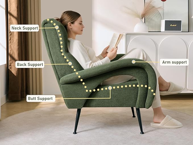 Corduroy Accent Chairs for Living Room Tufted High Back Reading Chairs for Bedroom Mid-Modern Comfy Upholstered Armchairs for Bedroom Reading Nook Apartment Forest Green